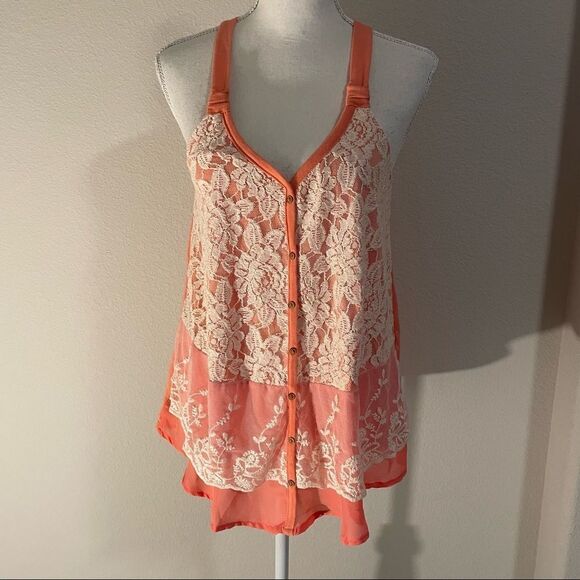 REWIND NWT Pink Tank Top w/ Cream Lace Front, Fixed Wooden buttons, Size M - Picture 1 of 8